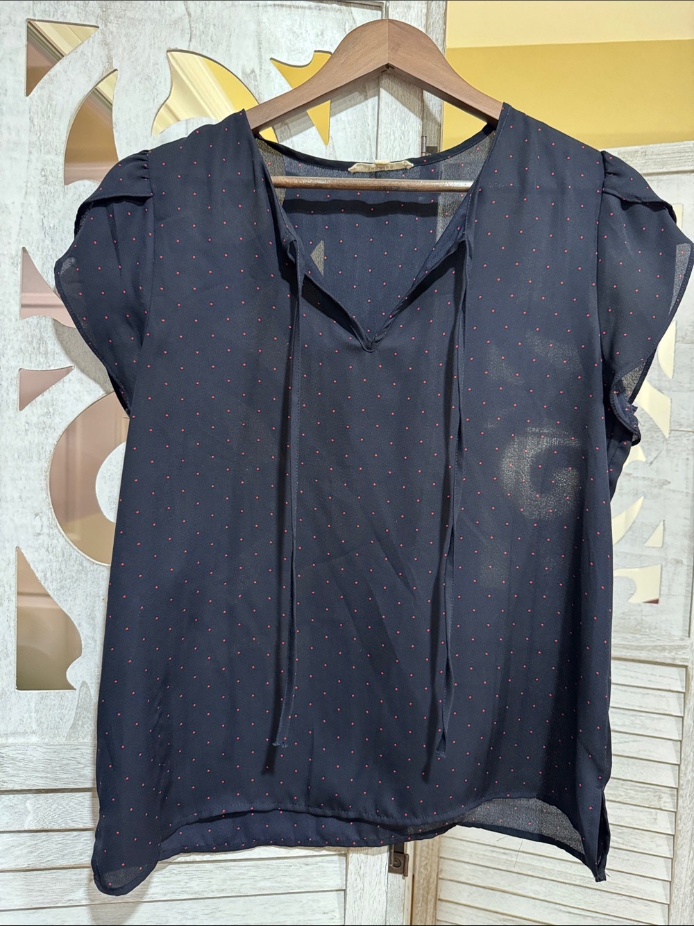 fun 2 fun Navy Blouse with Pink Dot Tie Neck